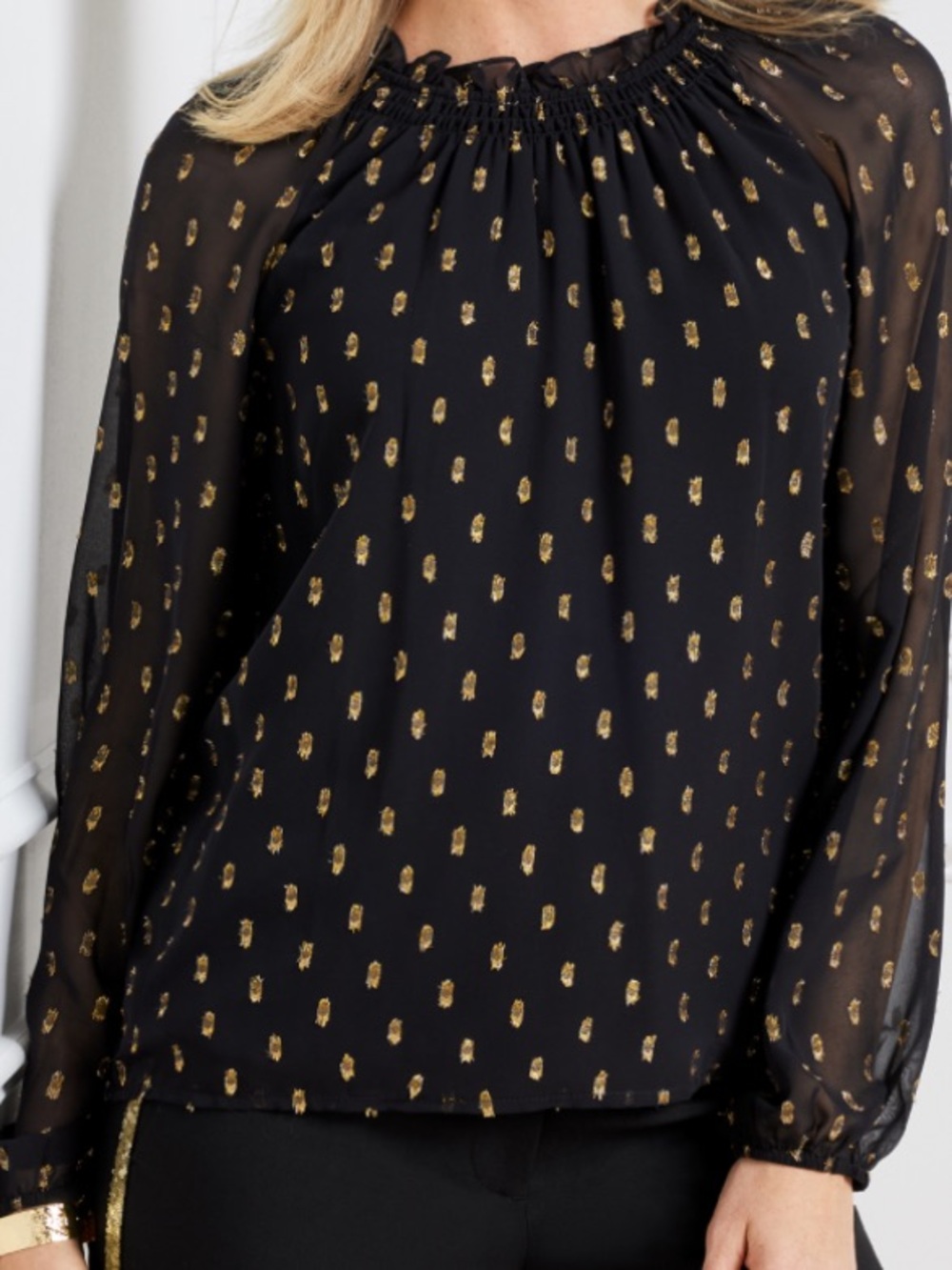 Talbots Black Sheer Sleeve Blouse Gold Polka Dot Accents Petite Large